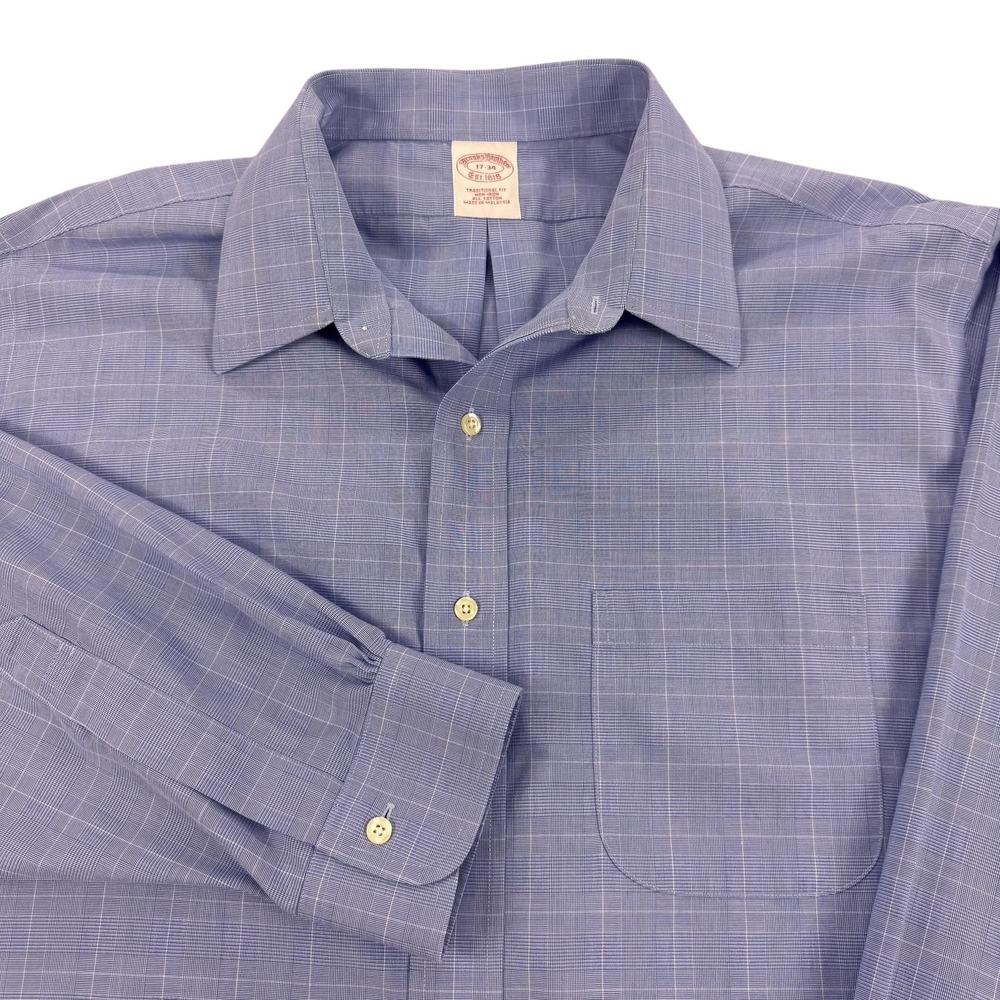 Brooks Brothers Shirt Mens 17 34 Blue Check Non Iron All Cotton Office Preppy